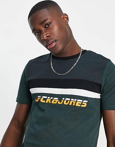 Jack & Jones – T-Shirt in Dunkelgrün mit Einsätzen günstig online kaufen