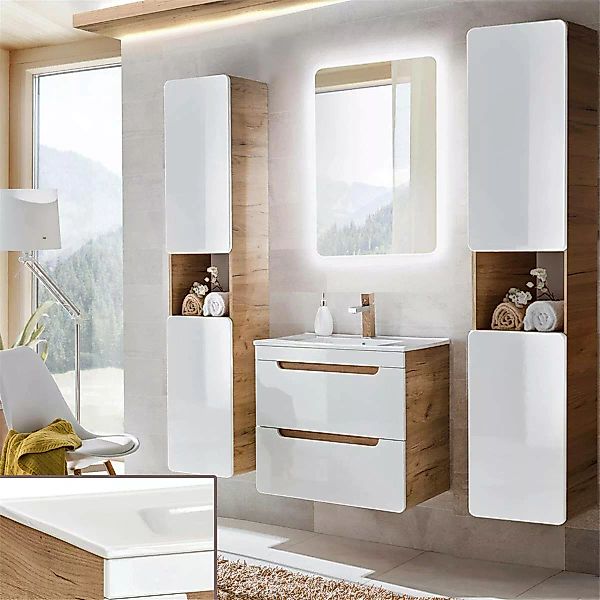 Badezimmermöbel Set LUTON-56 Hochglanz weiß mit Wotan Eiche Nb., B/H/T ca. günstig online kaufen