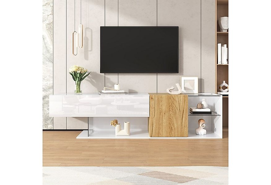 KLAM HOME Lowboard TV-Kommode Hochglanzweiß: Mit Holzoptik & Glasregalen (1 günstig online kaufen