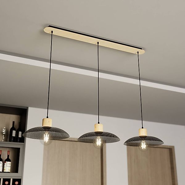 Hängeleuchte Kobe, dreiflammig, Stahl, Holz, schwarz günstig online kaufen