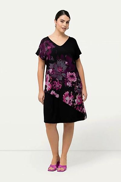Ulla Popken Minikleid Jerseykleid Rosen Oversized V-Ausschnitt Halbarm günstig online kaufen