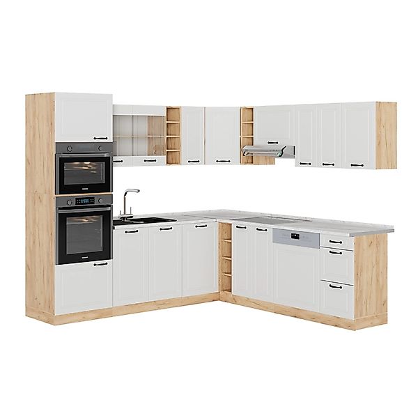 Vicco R-Line Eckküche Weiß Landhaus/Goldkraft Eiche 237 x 247 cm AP Marmor günstig online kaufen