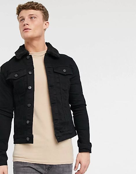 River Island – Schwarze Jeansjacke mit Kragen aus Schaffellimitat günstig online kaufen