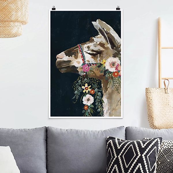 Poster Tiere - Hochformat Lama mit Blumenschmuck II günstig online kaufen