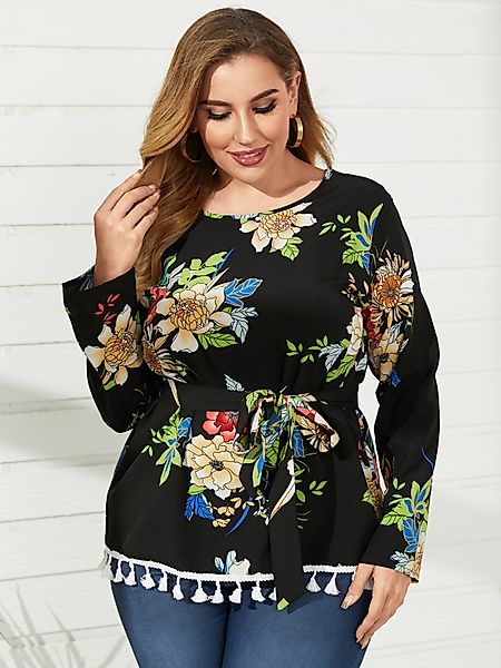Plus Size Rundhals Bluse mit Blumendruck und langen Ärmeln günstig online kaufen
