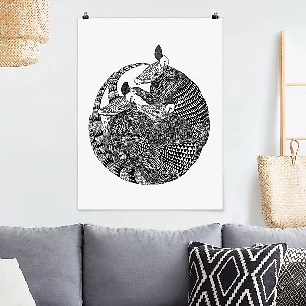 Poster Tiere - Hochformat Illustration Gürteltiere Schwarz Weiß Muster günstig online kaufen