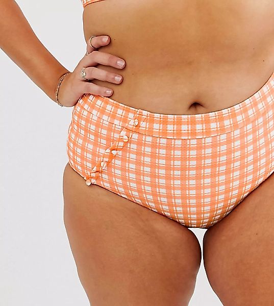 ModCloth – Sissone – Strukturierte Bikinihose in Orange kariert mit hoher T günstig online kaufen