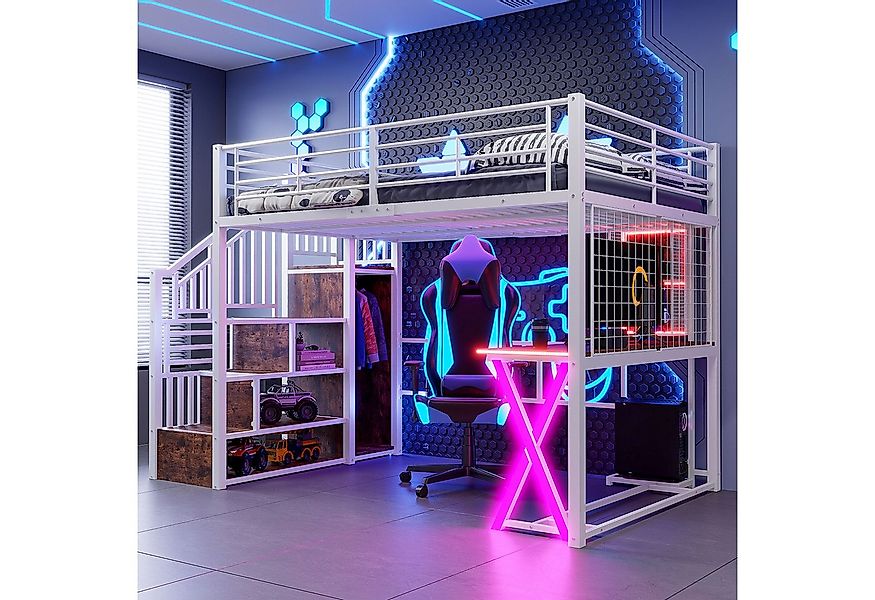 Flieks Hochbett LED Metallbett 140x200 mit Schreibtisch Kleiderschrank Stau günstig online kaufen