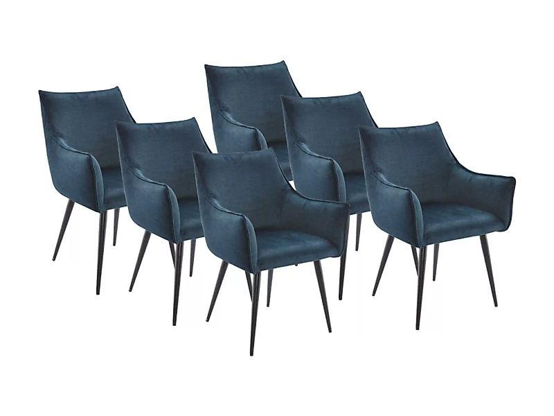 Stuhl mit Armlehnen 6er-Set - Stoff & schwarzes Metall - Blau - ODILONA günstig online kaufen