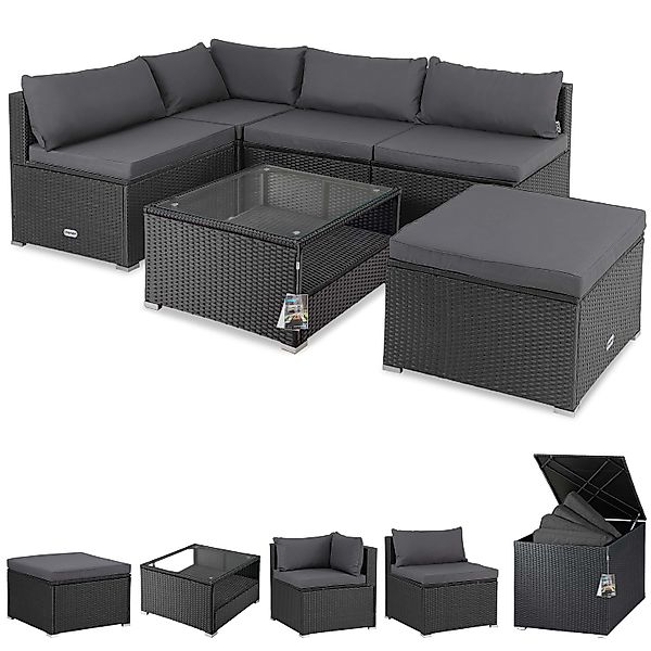 Polyrattan Ecklounge Schwarz/Anthrazit mit Polyrattan Auflagenbox Schwarz günstig online kaufen