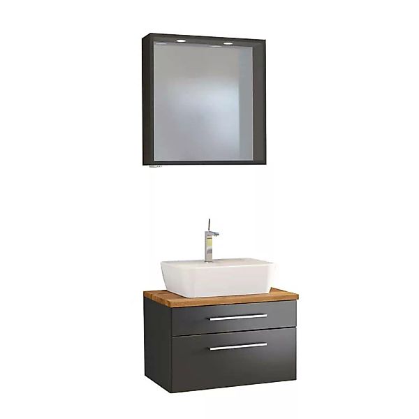 LED Badspiegel und Waschbeckenschrank in dunkel Grau Wildeiche Dekor (zweit günstig online kaufen