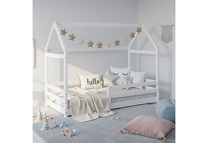 Homestyle4u Hausbett 80x160 cm Kinderbett Bodenbett Holzbett Weiß Kleinkind günstig online kaufen