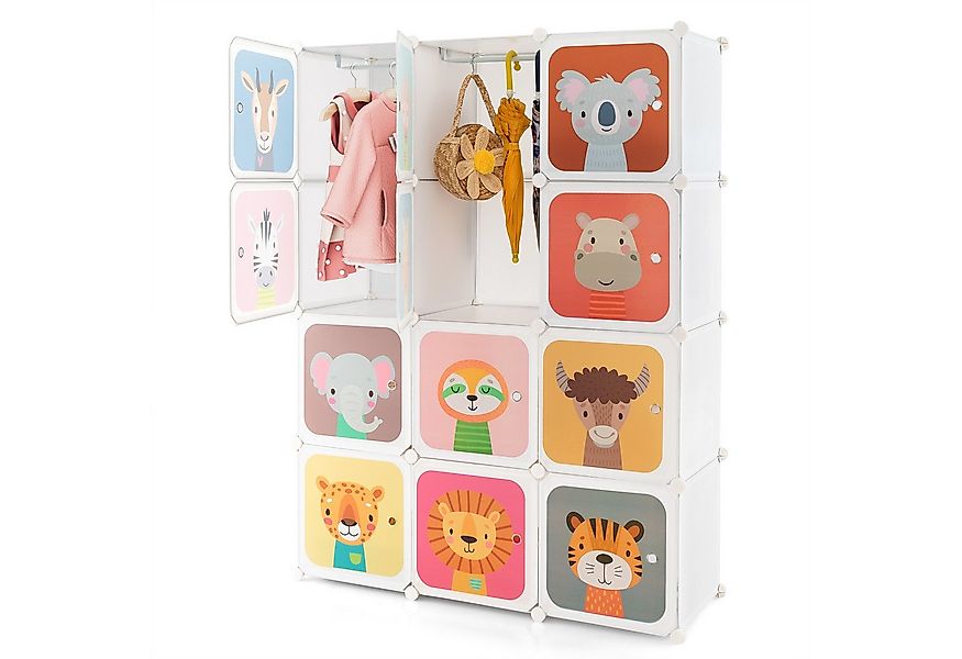 COSTWAY Kinderkleiderschrank mit 2 Kleiderstängen und 12 Würfeln, erweiterb günstig online kaufen