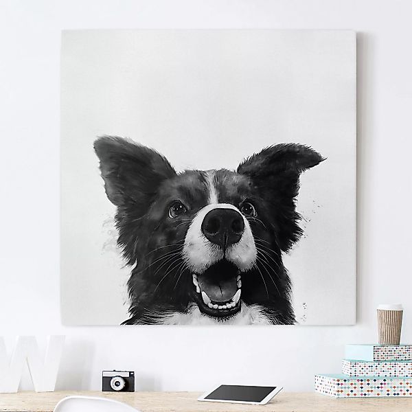 Leinwandbild Tiere - Quadrat Illustration Hund Border Collie Schwarz Weiß M günstig online kaufen