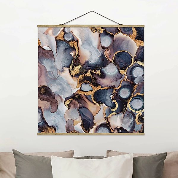Stoffbild Abstrakt mit Posterleisten - Quadrat Marmor Aquarell mit Gold günstig online kaufen