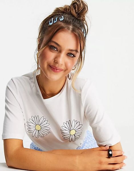 Pieces – T-Shirt aus Bio-Baumwolle in Weiß mit Gänseblümchenmotiv günstig online kaufen