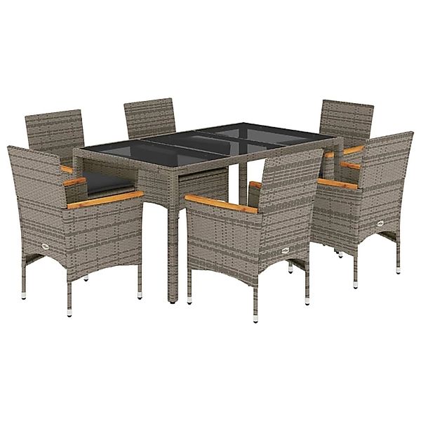 vidaXL 7-Tlg Garten-Essgruppe mit Kissen Grau Poly Rattan und Glas 3278654 günstig online kaufen