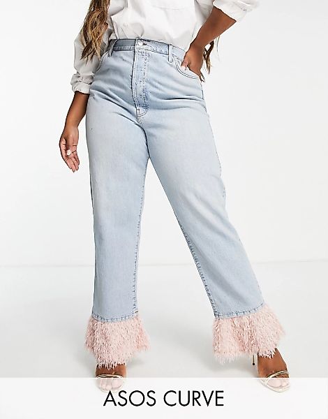 ASOS LUXE Curve – Jeans in Blau mit geradem Bein und Kunstfedersaum, Kombit günstig online kaufen