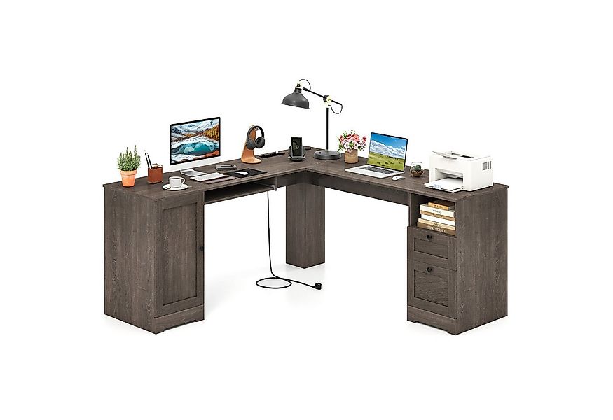 COSTWAY Eckschreibtisch, Computertisch mit Ladestation, Schrank, 2 Schublad günstig online kaufen
