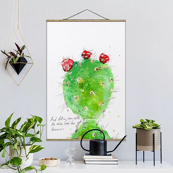 Stoffbild Blumen mit Posterleisten - Hochformat Kaktus mit Bibelvers IV günstig online kaufen