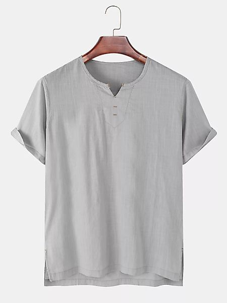 Herren Solid Color Flachs V-Ausschnitt Licht Lässig Kurzarm T-Shirts günstig online kaufen