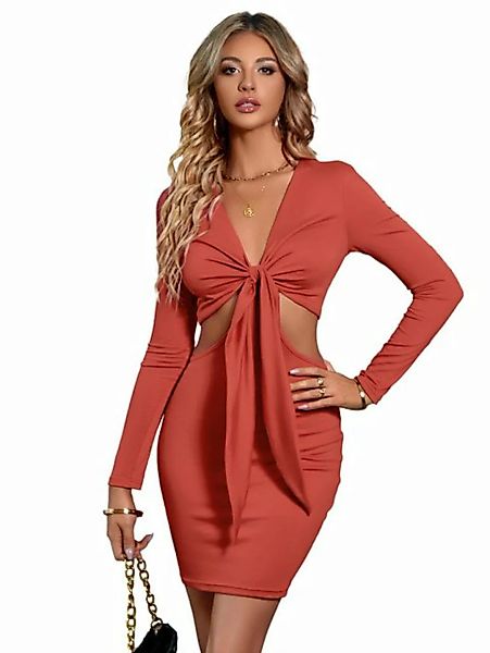 RUZU UG Sommerkleid Einfarbiger Langarm-Strick-V-Ausschnitt-Kleid für Damen günstig online kaufen