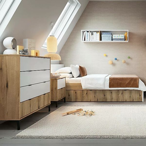 Jugendzimmer Set RISBY-129 mit Bett 90x200 cm in Eiche mit weiß und Rillen günstig online kaufen