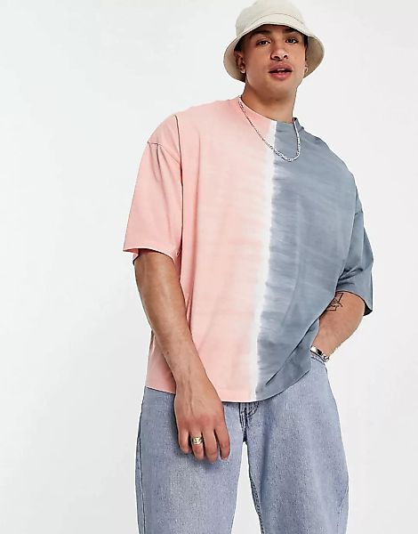 ASOS DESIGN – Oversize-T-Shirt mit Batikmuster in Grau und Rosa-Mehrfarbig günstig online kaufen