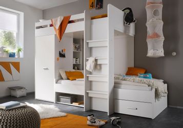 Begabino Hochbett "MAXI" mit 2 Liegeflächen, Kleiderschrank und Regalen günstig online kaufen