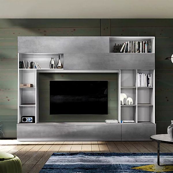 TV Wand in Beton Grau und Weiß modern günstig online kaufen