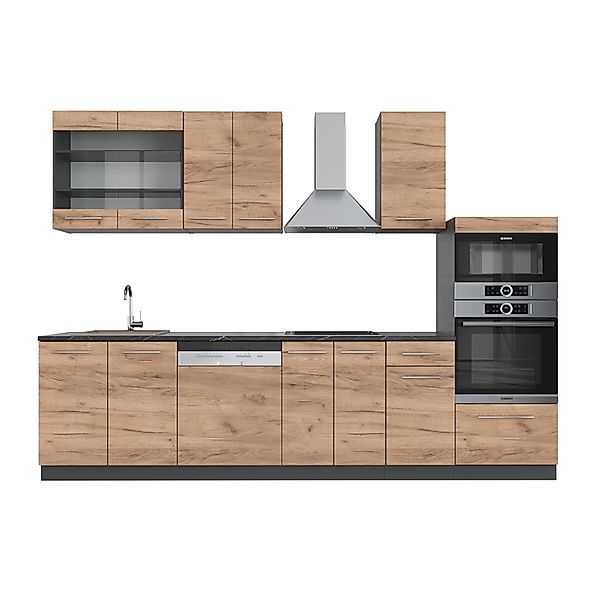 Vicco Fame-Line Küchenzeile Goldkraft Eiche/Anthrazit 300 cm mit Hochschran günstig online kaufen