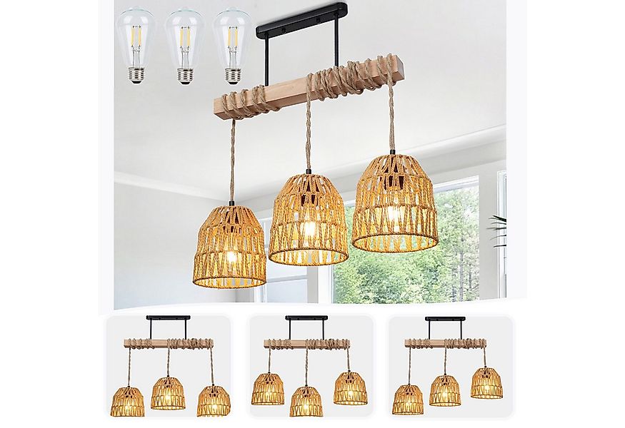 MUPOO Hängeleuchten 3 Köpfe Kronleuchter mit Rattanschirm, Boho Deckenlampe günstig online kaufen