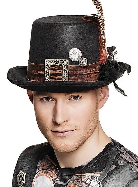 Boland Kostüm Gefiederter Steampunk Hut, Niedriger Zylinder mit Federn im H günstig online kaufen