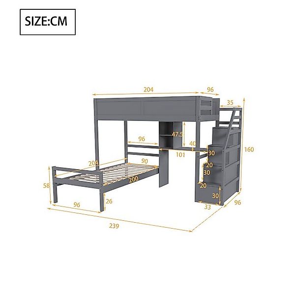 Flieks Etagenbett, Massivholz Kinderbett 90x200cm mit Stauraumtreppe und Sc günstig online kaufen