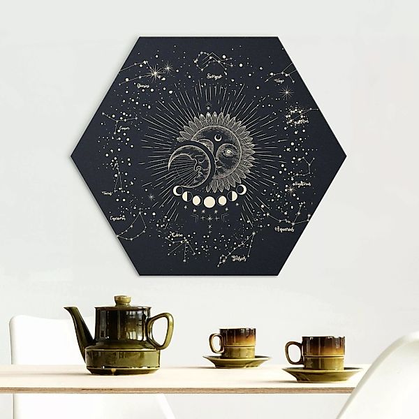 Hexagon-Alu-Dibond Bild Astrologie Sonne Mond und Sterne Blau Gold günstig online kaufen