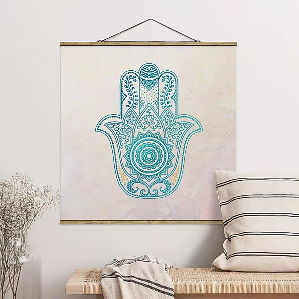 Stoffbild Mandala mit Posterleisten - Quadrat Hamsa Hand Illustration Manda günstig online kaufen