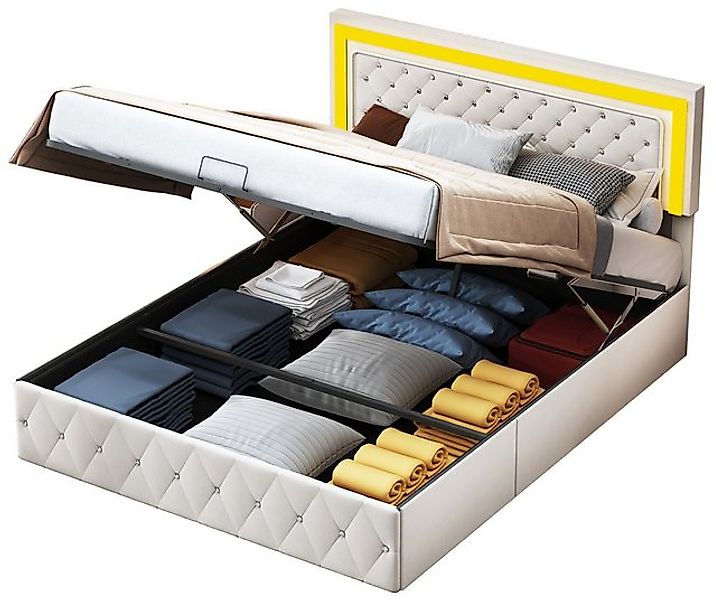 FUROKOY Polsterbett Doppelbett mit LED Beleuchtung & Hydraulisch anhebbarer günstig online kaufen