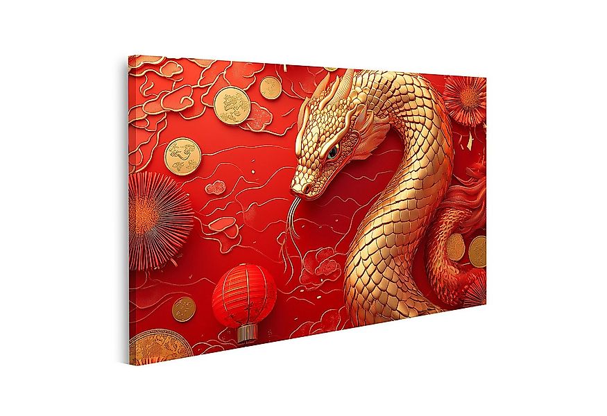 islandburner Leinwandbild, Goldener Drache mit Münzen und rotem Hintergrund günstig online kaufen