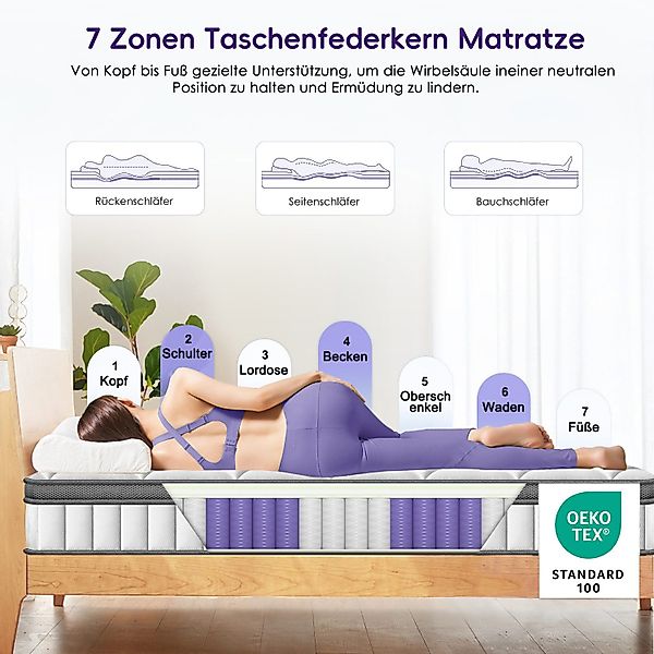 Taschenfederkernmatratze Matratze 90x190, 7 Zone Federkernmatratze günstig online kaufen
