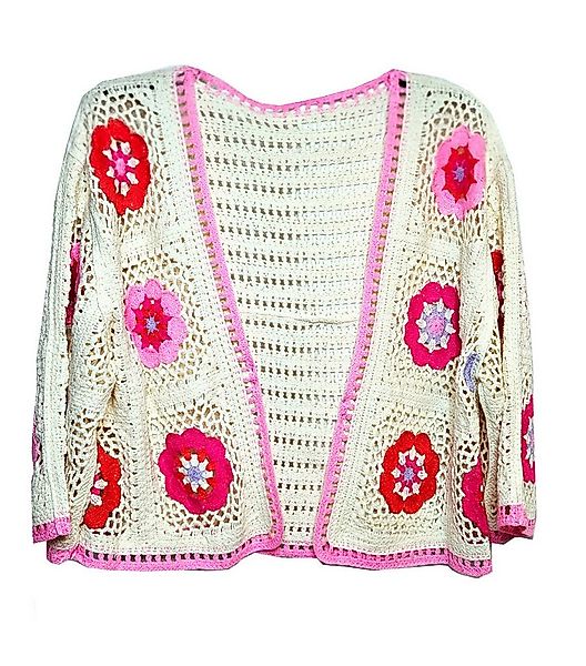 Strickjacke Boho Cardigan Häkel Creme Rosa Koralle L 40 / 42 Ibiza Style günstig online kaufen
