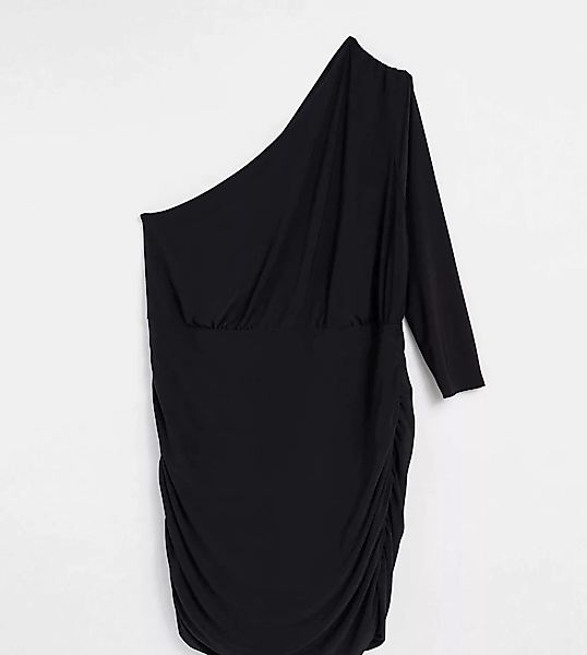 Club L London Plus – Minikleid in Schwarz mit One-Shoulder-Träger und Raffu günstig online kaufen