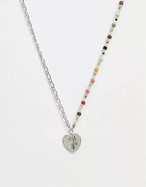 Pieces – Silberfarbene, mehrreihige Halskette mit Perlen und Herzanhänger günstig online kaufen