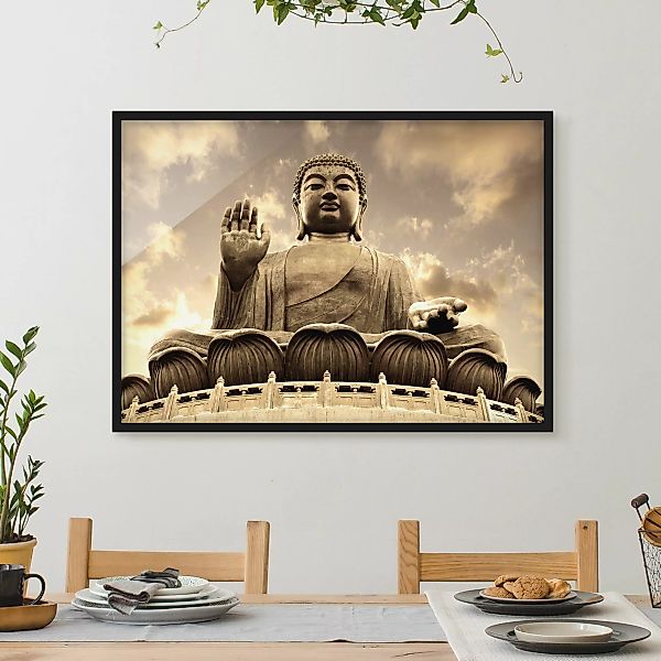 Bild mit Rahmen - Querformat Großer Buddha Sepia günstig online kaufen