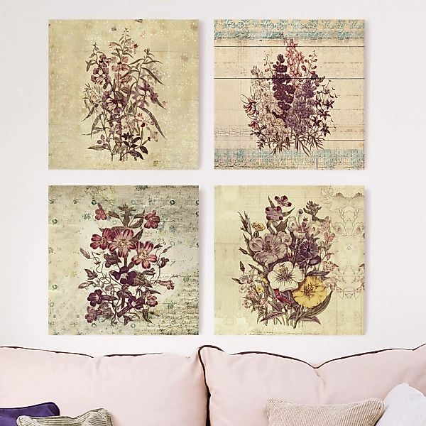 4-teiliges Leinwandbild Blumen - Quadrat Vintage Blumen Sammlung günstig online kaufen