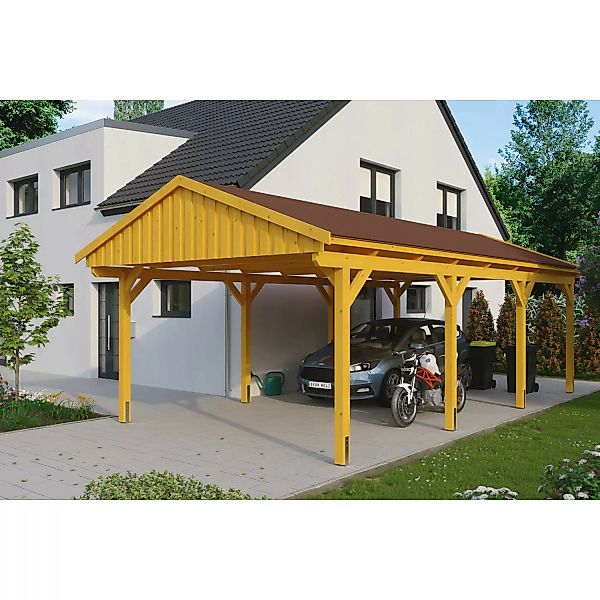 Skan Holz Carport Fichtelberg 423 cm x 808 cm Rote Schindeln Eiche Hell günstig online kaufen