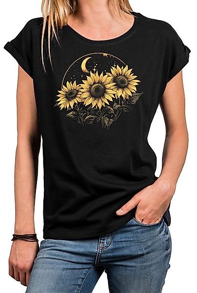 MAKAYA Kurzarmshirt Damen Blumenprint Sonnenblumen Mond Sterne Flower Power günstig online kaufen