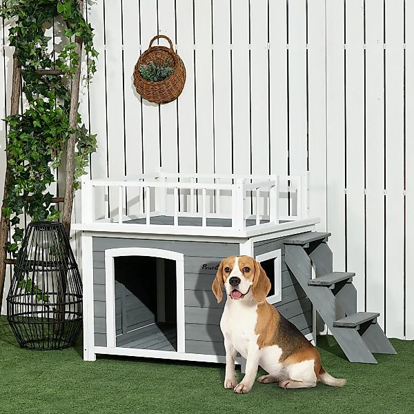 PawHut Hundehütte Hundehaus mit Balkon, Hellgrau günstig online kaufen