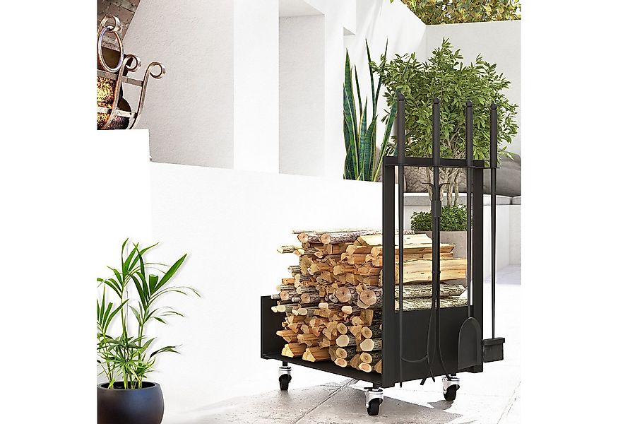 Outsunny Kaminholzregal Holzregal mit Rollen, Metall-Kaminholzhalter, BxTxH günstig online kaufen