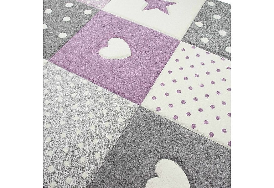 TeppichHome24 Kinderteppich Kinderteppich mit Stern Herz in Lila Grau Creme günstig online kaufen