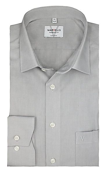 MARVELIS Businesshemd Grau, Modern Fit, Bügelfrei, Langarm, Baumwolle, Kent günstig online kaufen